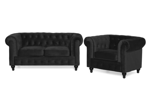 Chesterfield Lyx Sofagruppe (2 Pers. Sofa + Lænestol), Sort Velour