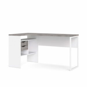 TVILUM Function Plus hjørneskrivebord, m. 2 skuffer - grå/hvid folie og hvid stål (145,1x81)