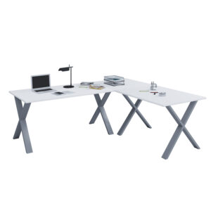 Lona X-feet hjørnebord - hvid træ og sølvgrå metal (130x130x50)