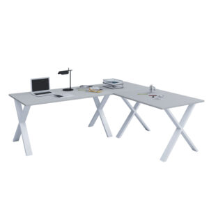 Lona X-feet hjørneskrivebord - grå træ og hvid metal (220x160x80)