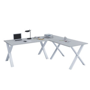 Lona X-feet hjørneskrivebord - grå træ og hvid metal (220x220x80)