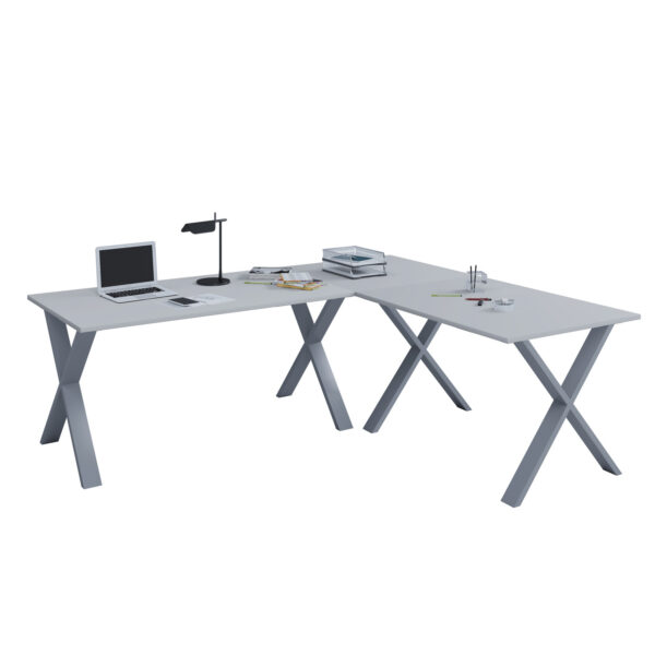 Lona X-feet hjørneskrivebord - grå træ og sølvgrå metal (160x160x80)