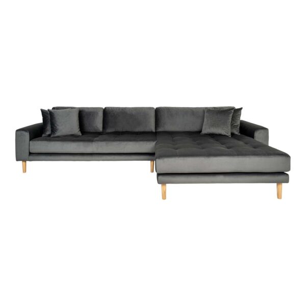 HOUSE NORDIC Lido loungesofa, m. højre chaiselong - mørkegrå velour og natur træ